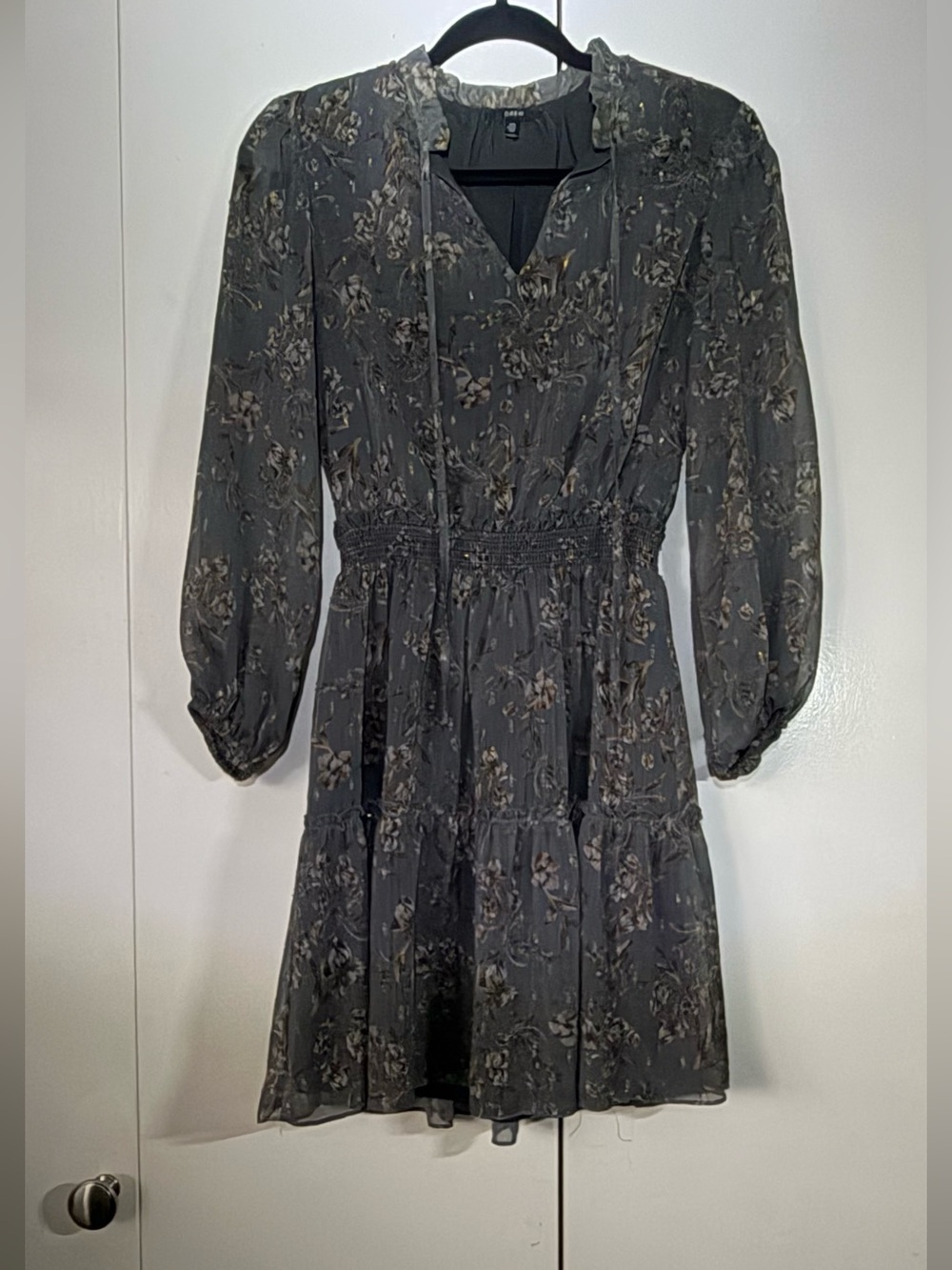 DREW Gray Floral Long Sleeve Tiered V-Neck Dress